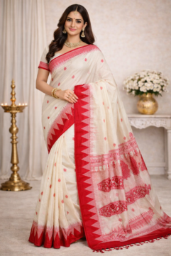 Pure Cotton Handloom Saree – Traditional Ikat-Inspired Design with Free Blouse Piece