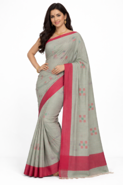 Pure Cotton Handloom Saree – Checked Weave with Traditional Motifs & Free Blouse Piece
