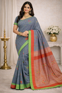 Pure Cotton Handloom Saree – Checked Pattern with Traditional Motifs & Free Blouse Piece