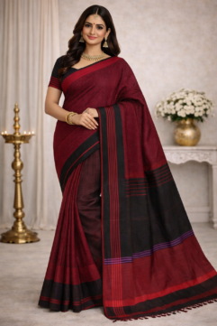 Pure Cotton Handloom Saree – Classic Striped & Textured Design with Free Blouse Piece