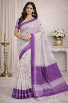 Pure Cotton Handloom Saree – Subtle Checked Weave with Contrast Border & Free Blouse Piece
