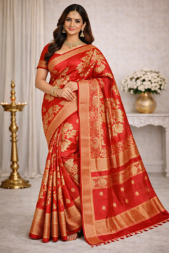 Varanasi Handwoven Pure Silk Saree – Rich Zari Floral Motifs with Traditional Border