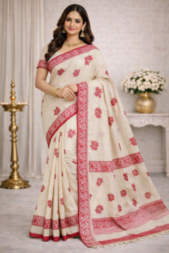 West Bengal Pure Cotton Handloom Saree – Traditional Motif Design with Free Blouse Piece