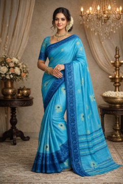 West Bengal Pure Cotton Handloom Saree with Floral Motifs & Woven Border