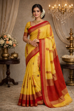 West Bengal Pure Cotton Handloom Saree with Traditional Motifs, Woven Border & Free Blouse Piece
