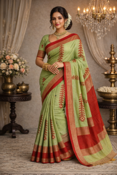 West Bengal Pure Cotton Handloom Saree with Traditional Motifs, Contrast Border & Free Blouse Piece