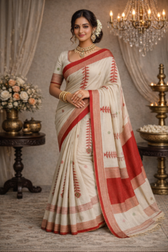 West Bengal Pure Cotton Handloom Saree with Traditional Woven Motifs, Contrast Border & Free Blouse Piece